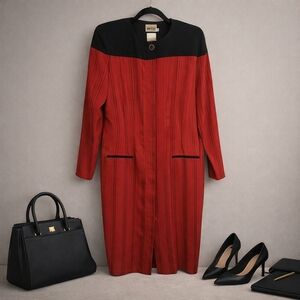 Vintage Leslie Fay Red & Black Pinstripe Dress Coat 12 USA